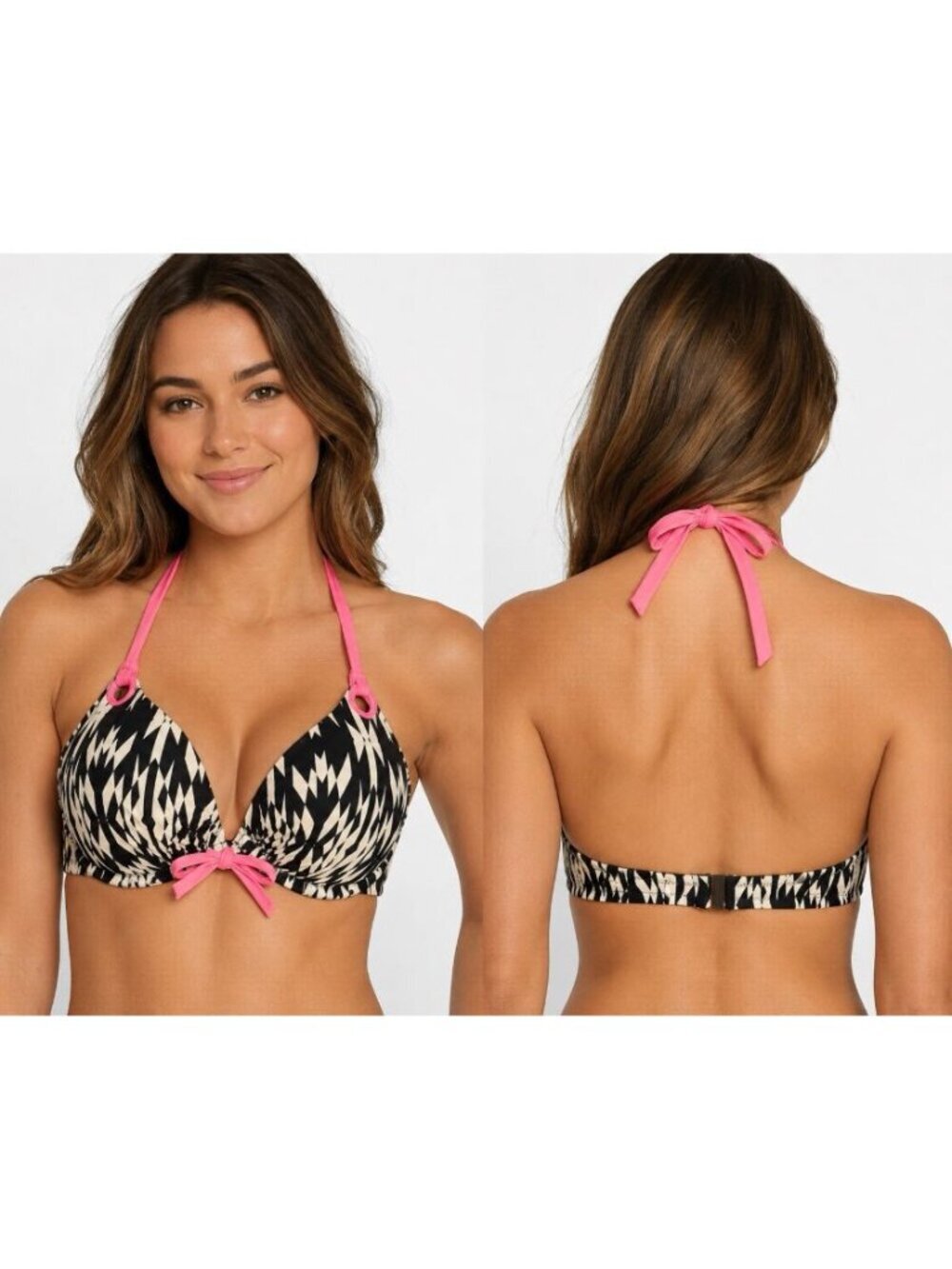 Victoria’s Secret Bikini Swim Top 32DD Black White Geometric Pink Halter
